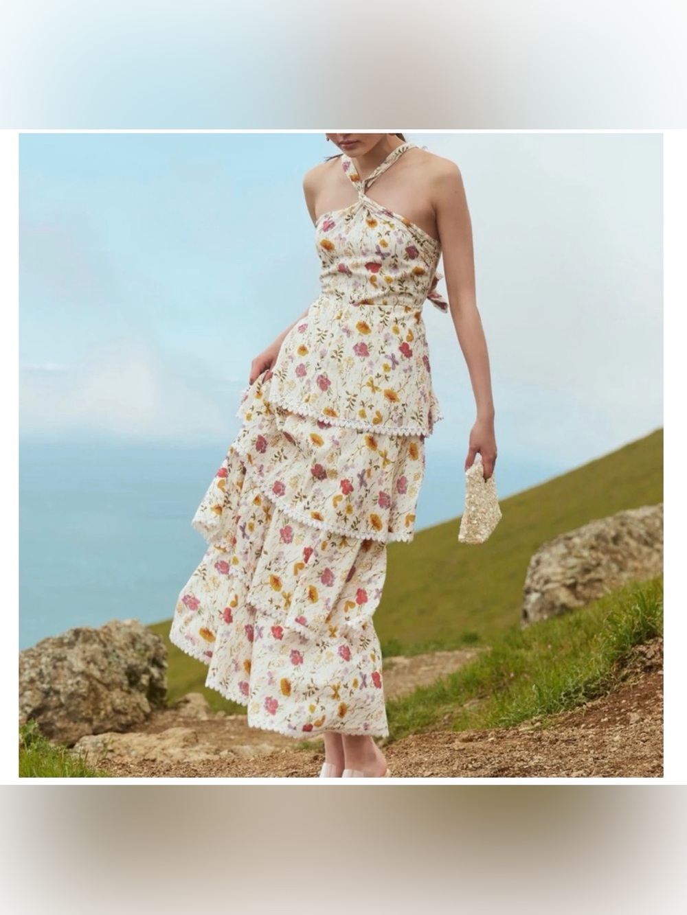 Eddy Emma Alabaster Floral Butterfly Tiered Maxi Dress S